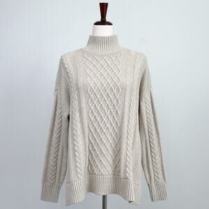 Orvis Women's Fisherman Cable Knit Aran Oatmeal Mock Neck Sweater